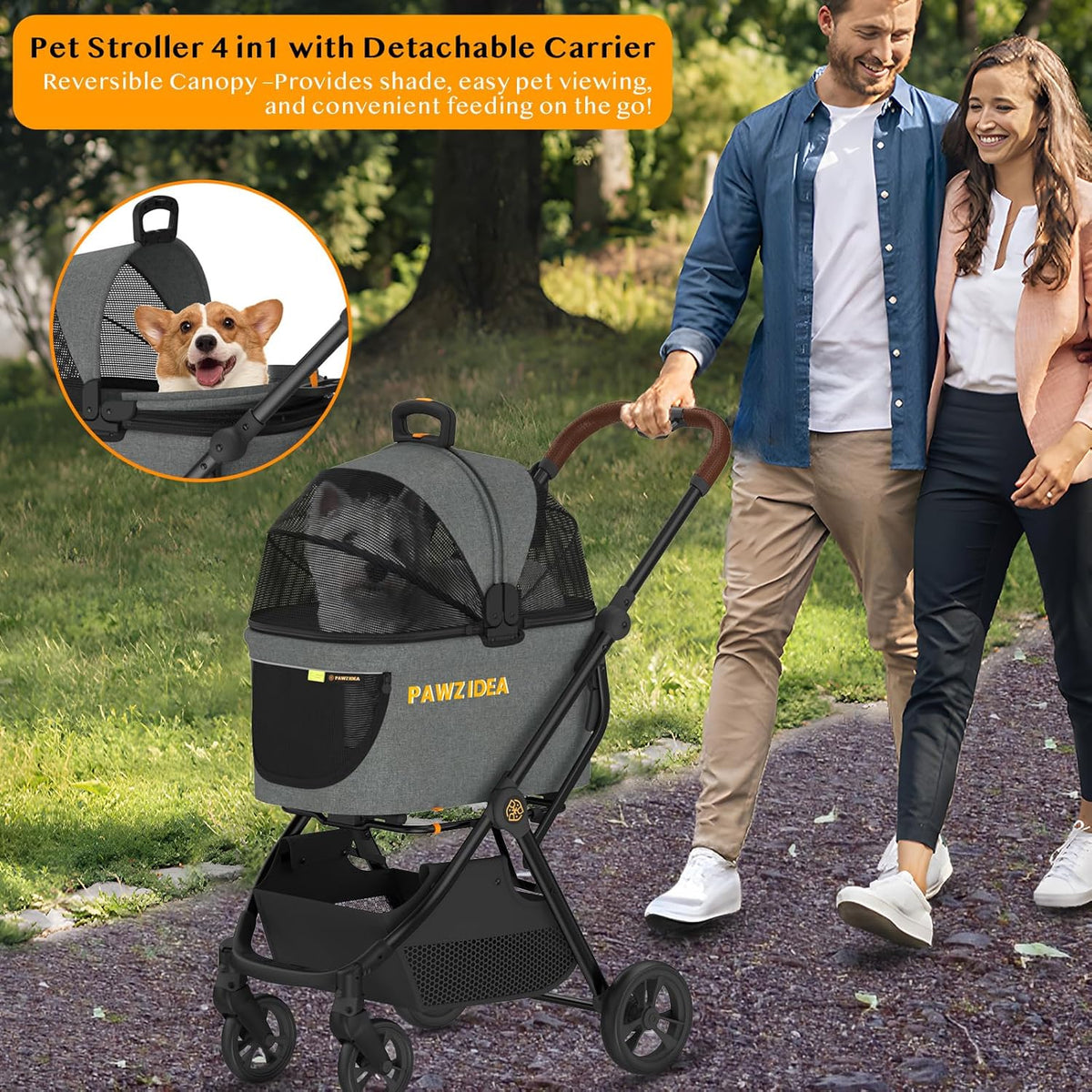 PAWZIDEA Pet Stroller 4 in 1, Dog Strollers for Small/Medium Dogs with Detachable Carrier Easy Lock
