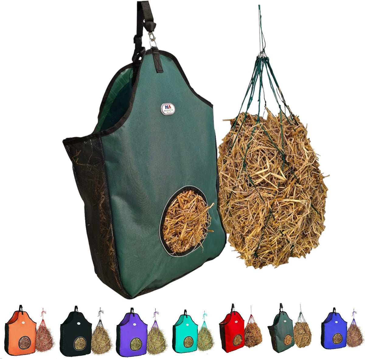 Majestic Ally 1200 D Hay Feeder Tote Bag for Horses, Sheep with Reflective Trim- Reduces Waste