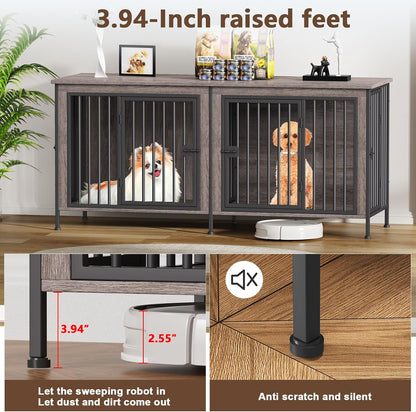 EasyCom 63" Dog Cage Furniture for 2 Pets with Divider, XL Wooden Double Dog Crate Furniture TV