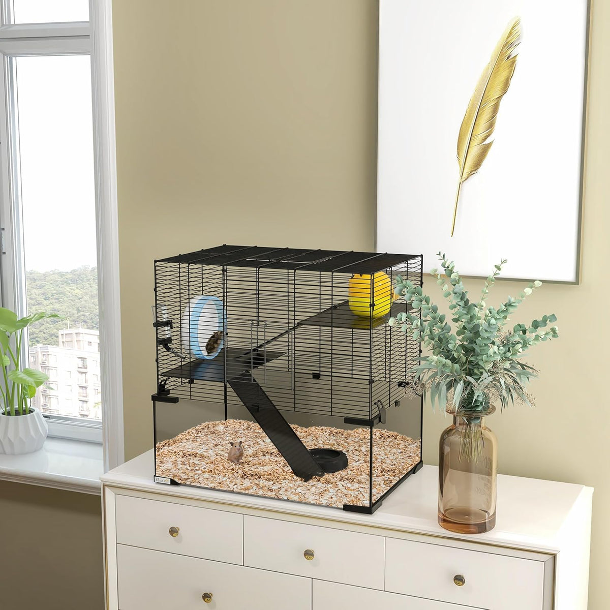 PawHut Large Hamster Cage with Deep Tempered Glass Bottom, 3 Tiers Hamster Tank with Running Wheel