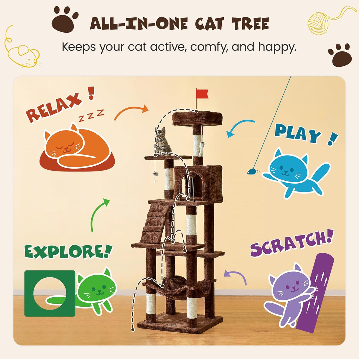 MWPO 63.8 inches Multi-Level Cat Tree for Large Cats with Sisal-Covered Scratching Posts, Padded