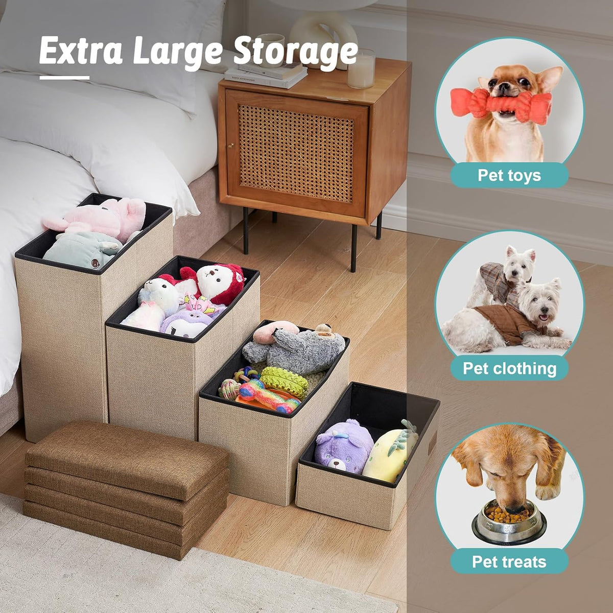 Dog Stairs with Storage, 4-Step Wider Sturdy Dog Steps for Small/Medium/Large Dogs and Older Cats