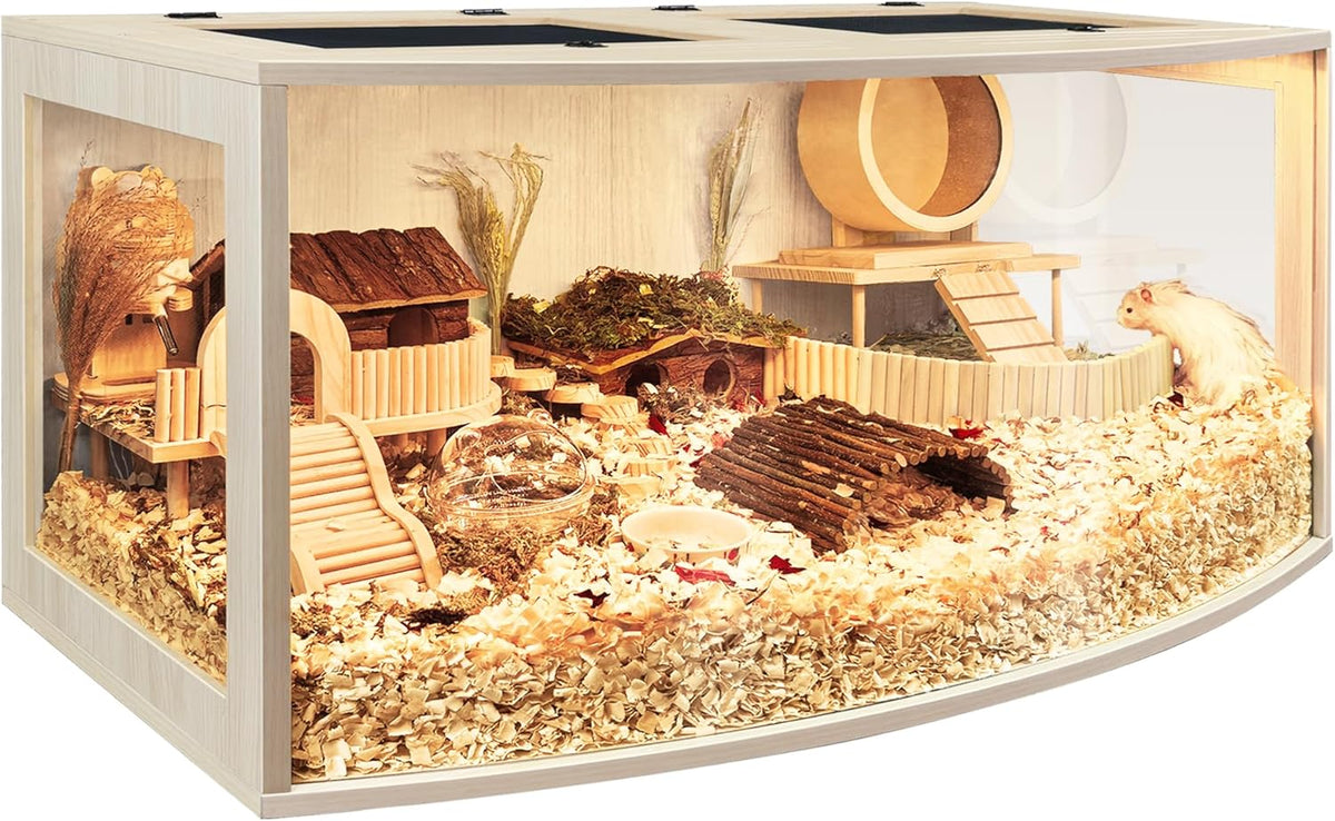 Prolee Hamster Cage Chew Proof Wood, Hamsters Enclosure Openable Top with Curved Design,Waterproof