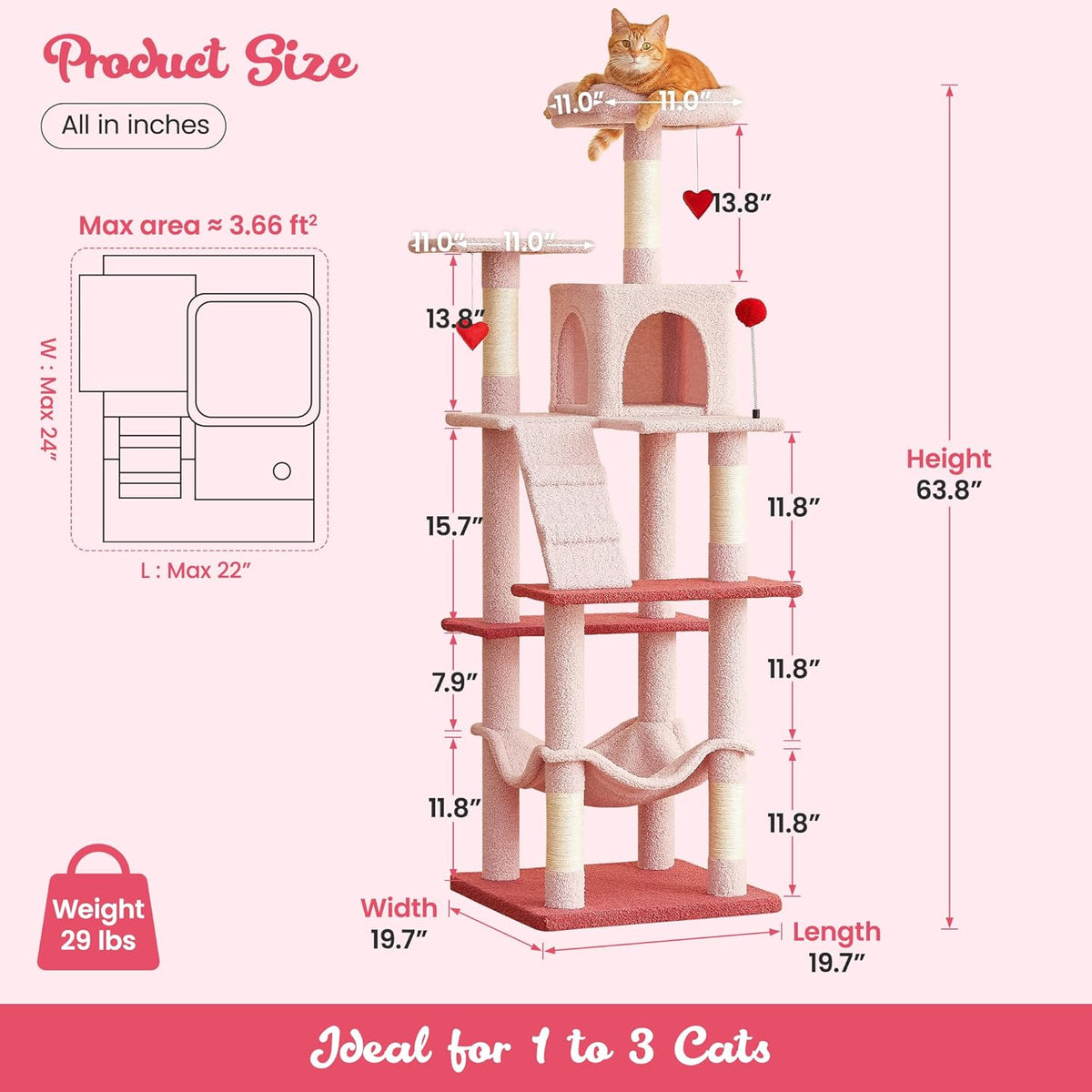 MWPO Cute Cat Tree, 63.8-Inch Pink Cat Tower for Indoor Cats, Multi-Level Cat Condo with 5