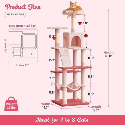 MWPO Cute Cat Tree, 63.8-Inch Pink Cat Tower for Indoor Cats, Multi-Level Cat Condo with 5