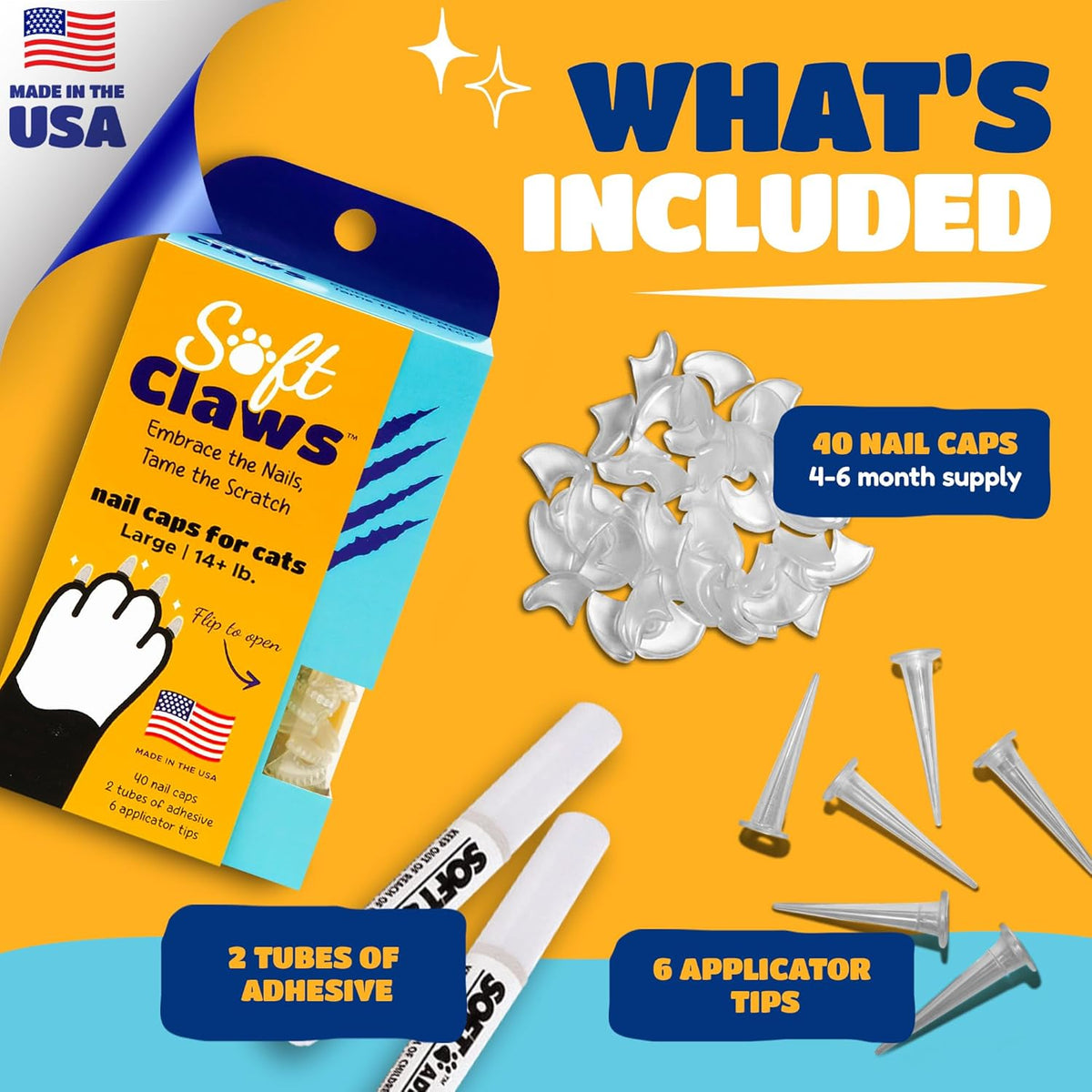 Soft Claws Cat Nail Caps for Large Cats – (40 Caps, Black & Gold) - Made in USA