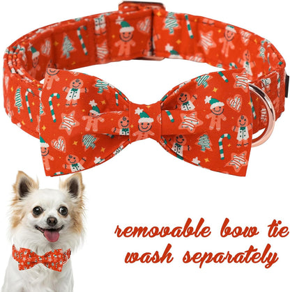Unique Style Paws Christmas Day Dog Collar with Bow Red Gingerbred Cotton Puppy Collars for Small