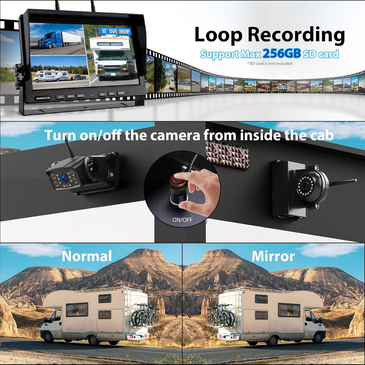 Magnetic RV Wireless Backup Camera, HD 1080P 10" Loop Recording Monitor, 2-Rear View 2-Side View