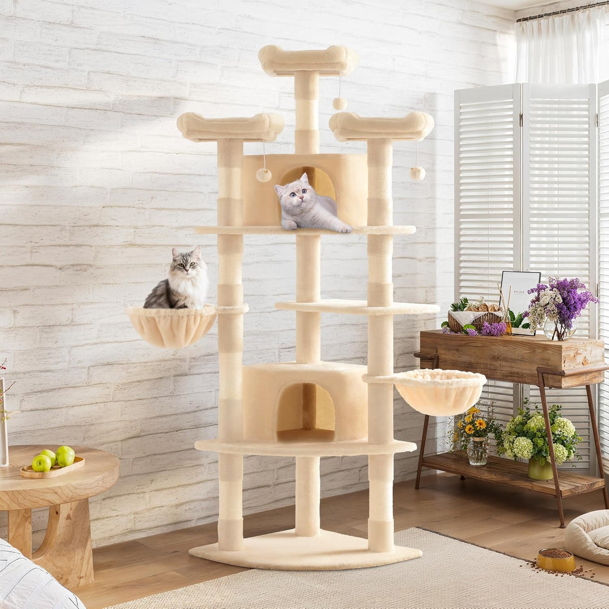 SHA CERLIN 73in Fan-Shaped Corner Cat Tower for Save Space/Multi-Level Tall Cat Tree for Indoor