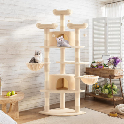 SHA CERLIN 73in Fan-Shaped Corner Cat Tower for Save Space/Multi-Level Tall Cat Tree for Indoor