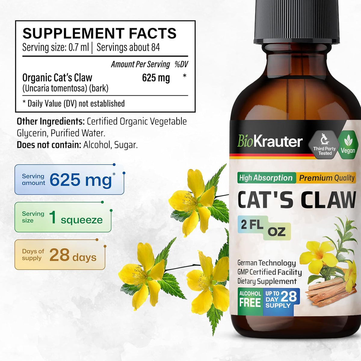 BIO KRAUTER Cats Claw Tincture - Vegan Cat's Claw Supplement - Immune Support - Alcohol & Sugar