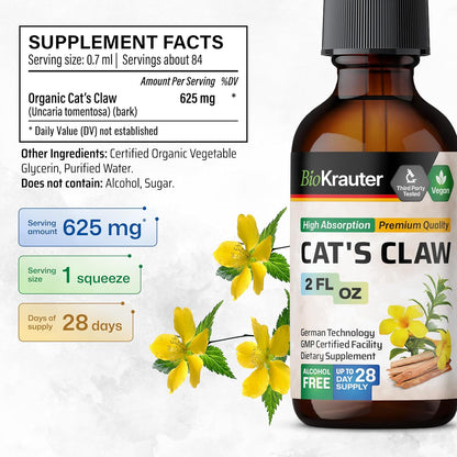 BIO KRAUTER Cats Claw Tincture - Vegan Cat's Claw Supplement - Immune Support - Alcohol & Sugar
