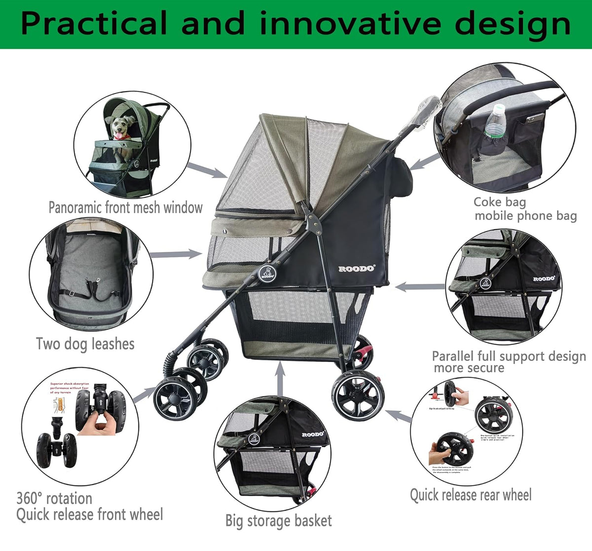 ROODO 4 Wheel Dog Cat Pet Stroller Best Lightweight Foldable Compact Portable Jogger All Terrain