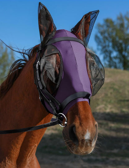 Horse Fly Mask with Ears, UV Protection for Horses, Elasticity with Big Mesh Eye Covers, Snug