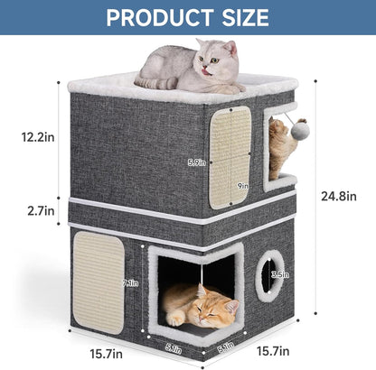 2-Storey Cat House for Indoor Cats, Separate Into 2 Large Cat Bed Cave with Hideaway Condos