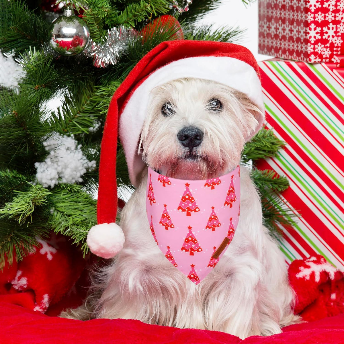 ADOGGYGO Christmas Dog Bandana, Xmas Tree Santa Pet Scarf, Premium Durable Fabric, Adjustable Fit