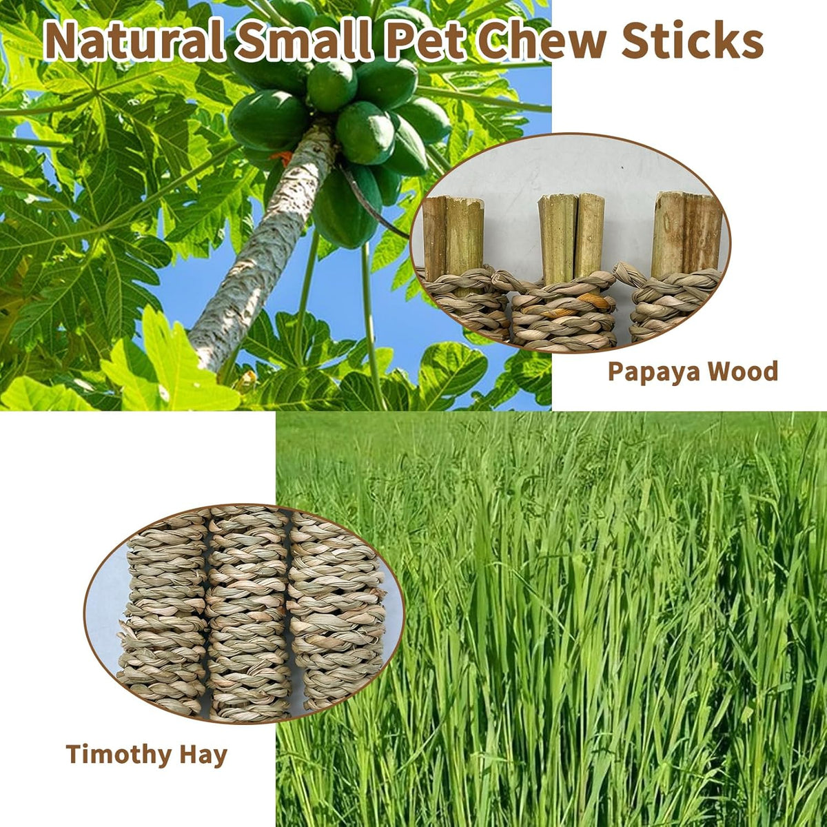 Fhiny 12 PCS Rabbit Chew Sticks, Natural Papaya Wood Seagrass Guinea Pig Chew Toys for Teeth Small