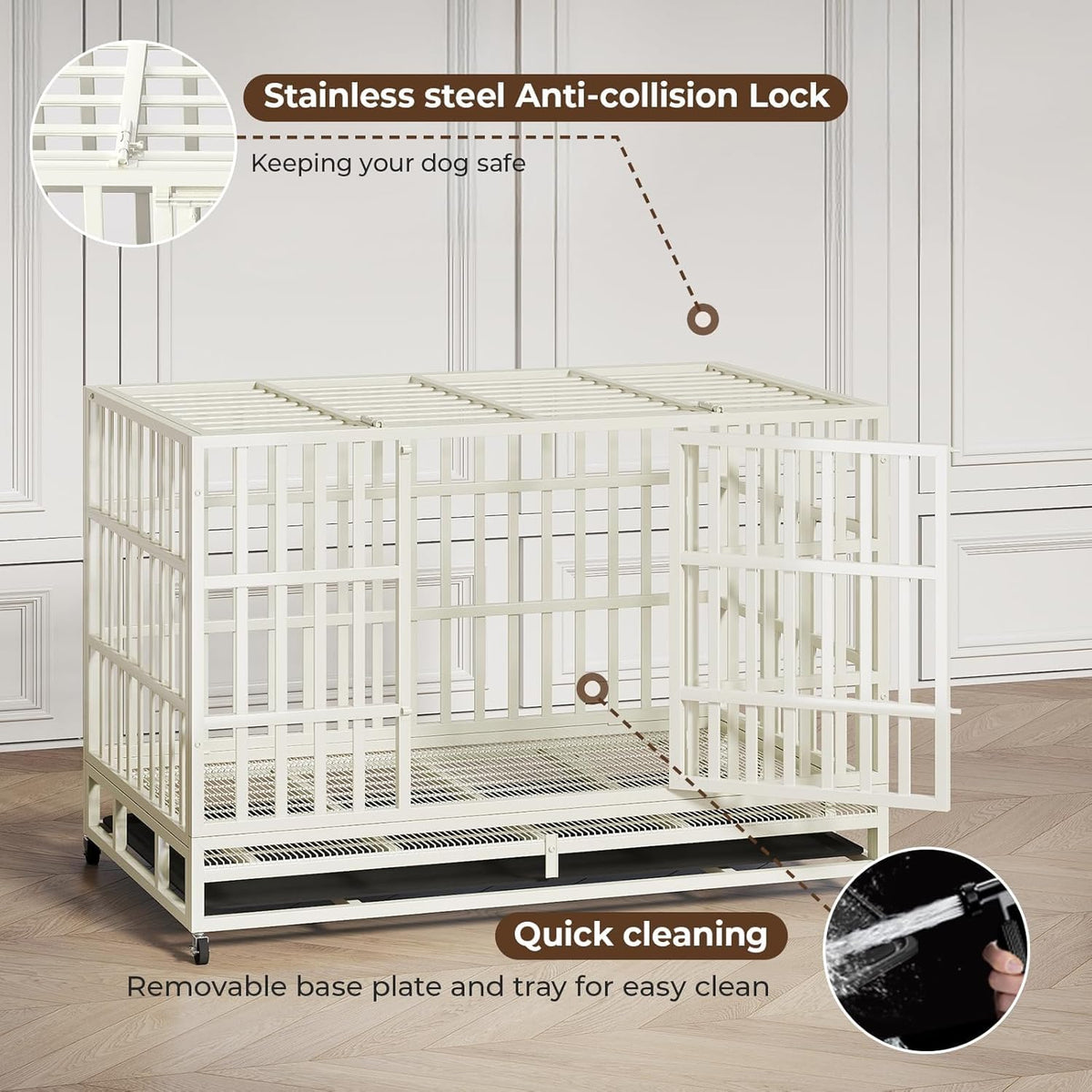 48 Inch Heavy Duty Dog Crate Steel Escape Proof, Indoor Double Door High Anxiety Cage Removable