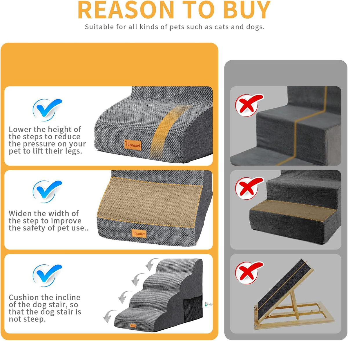 Topmart High Density Foam Dog Steps 4 Tiers,Extra Wide Deep Pet Steps,Non-Slip Dog Stairs Ramp for