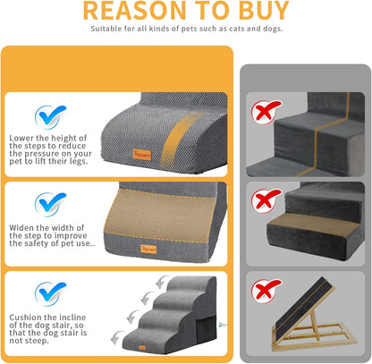 Topmart High Density Foam Dog Steps 4 Tiers,Extra Wide Deep Pet Steps,Non-Slip Dog Stairs Ramp for