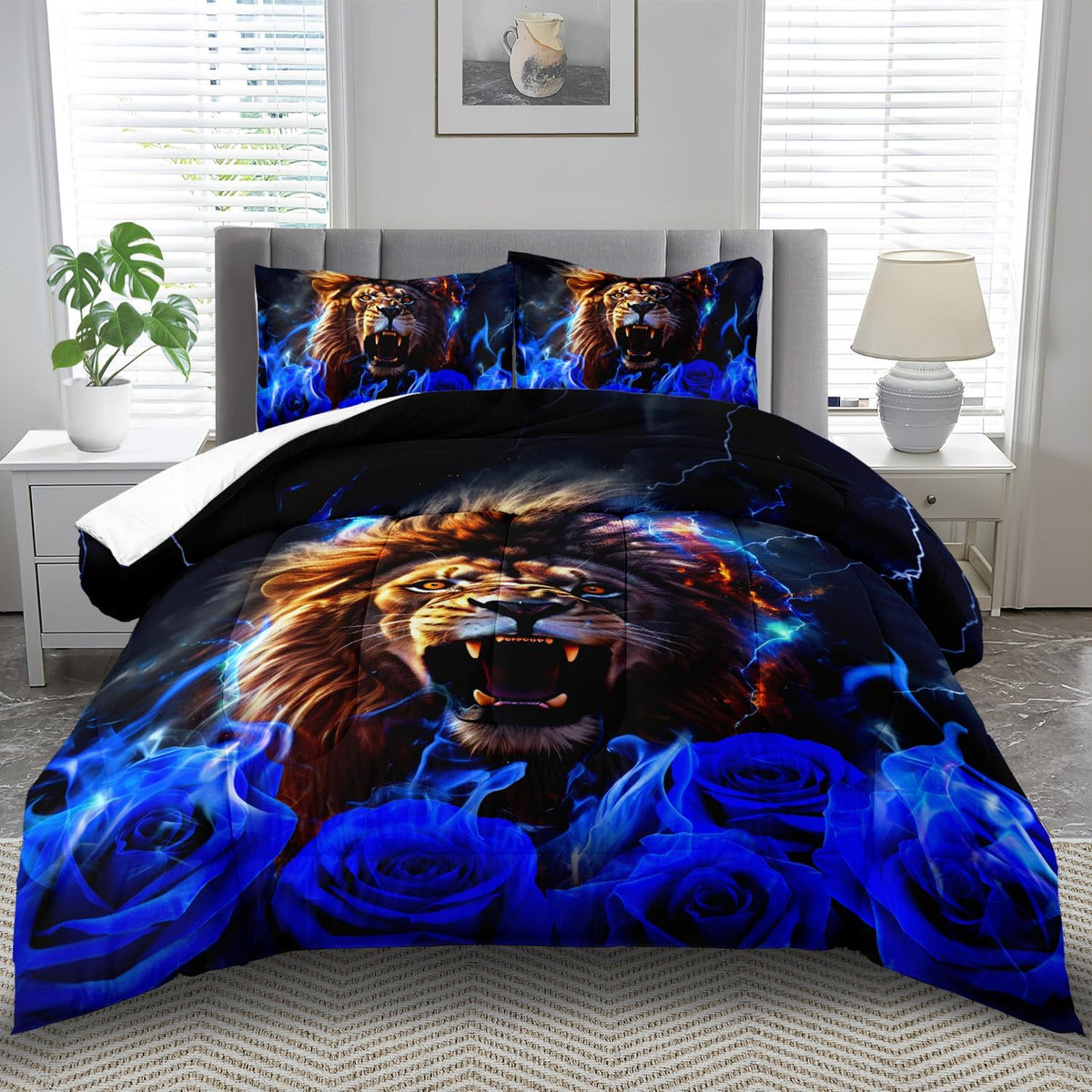 Lion Blue Comforter Set King,Lion Bedding Set Boys,Animal Print Comforter Bedroom Decor for