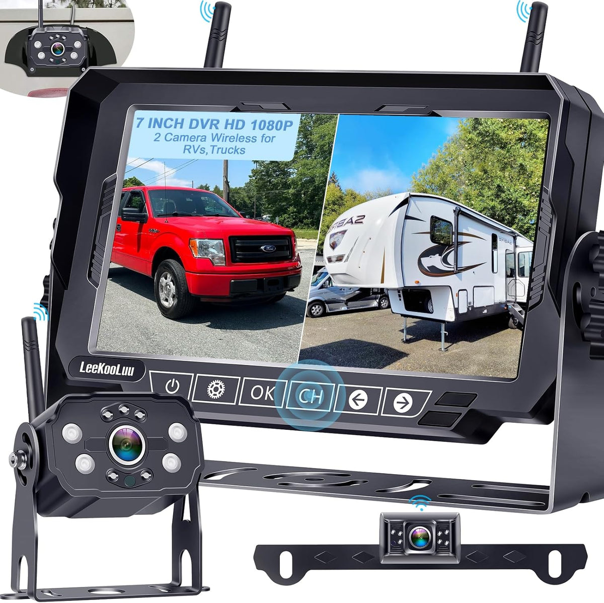 Dual RV Backup Cameras Wireless - Ease Install Plug-Play Recording HD 1080P 7'' Touch Key Monitor