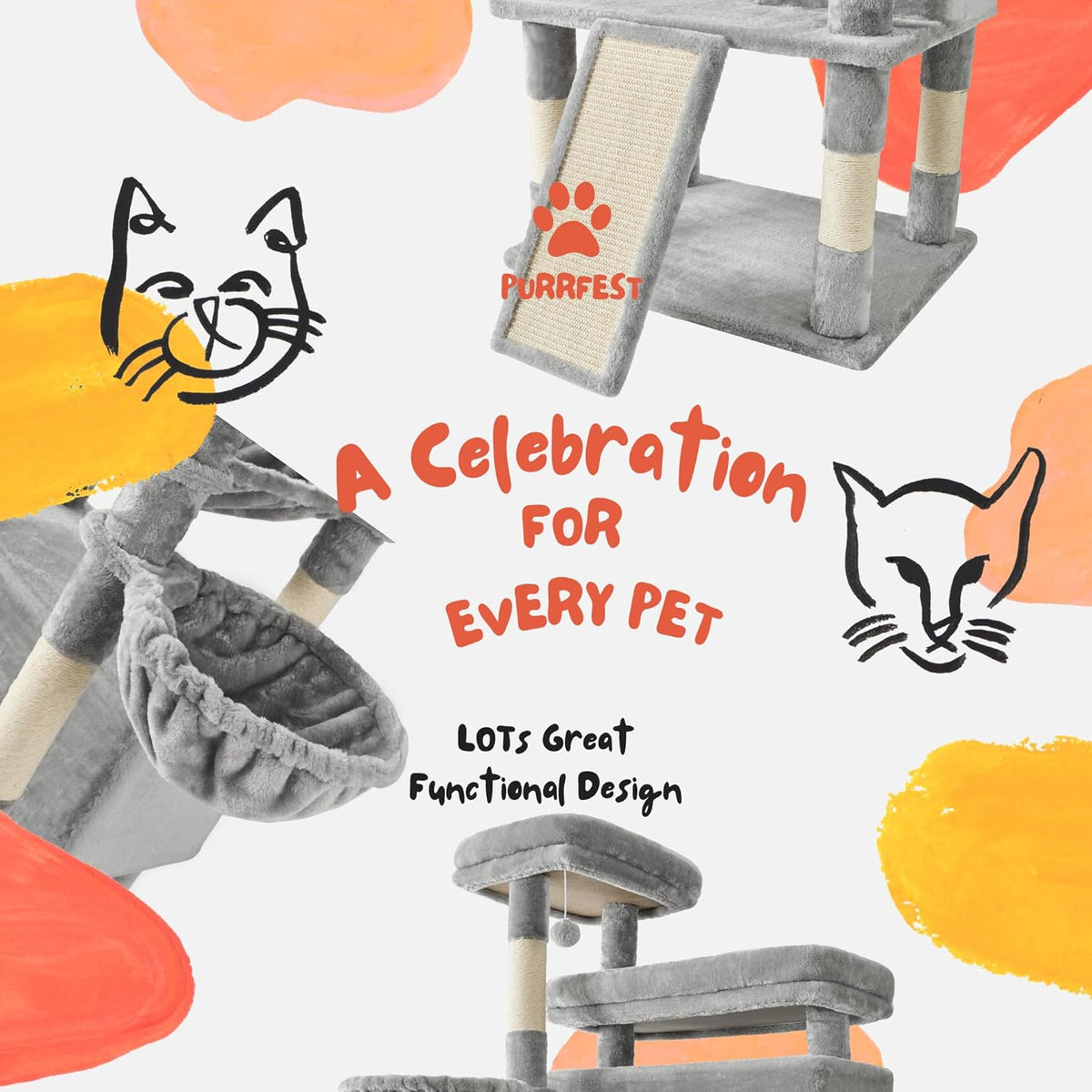 Cat Tree, 80-Inch Large Cat Tower with 9 Scratching Posts, 2 Perches, 2 Caves, 2 Basket, 2 Stairs