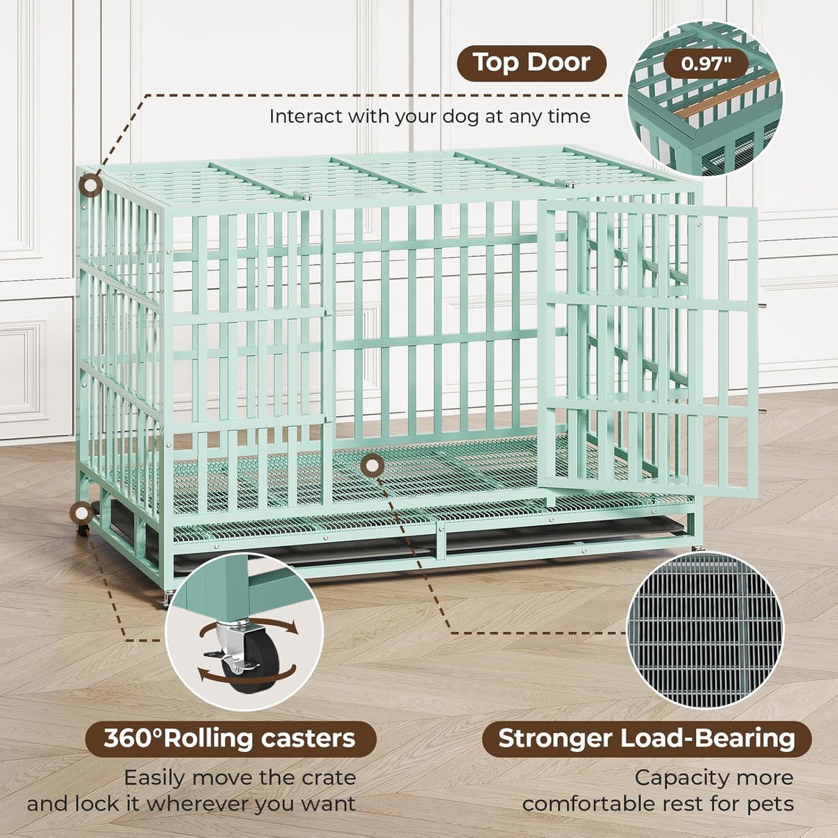 48IN Heavy Duty Dog Crate Steel Escape Proof, Indoor Double Door High Anxiety Cage Removable Tray