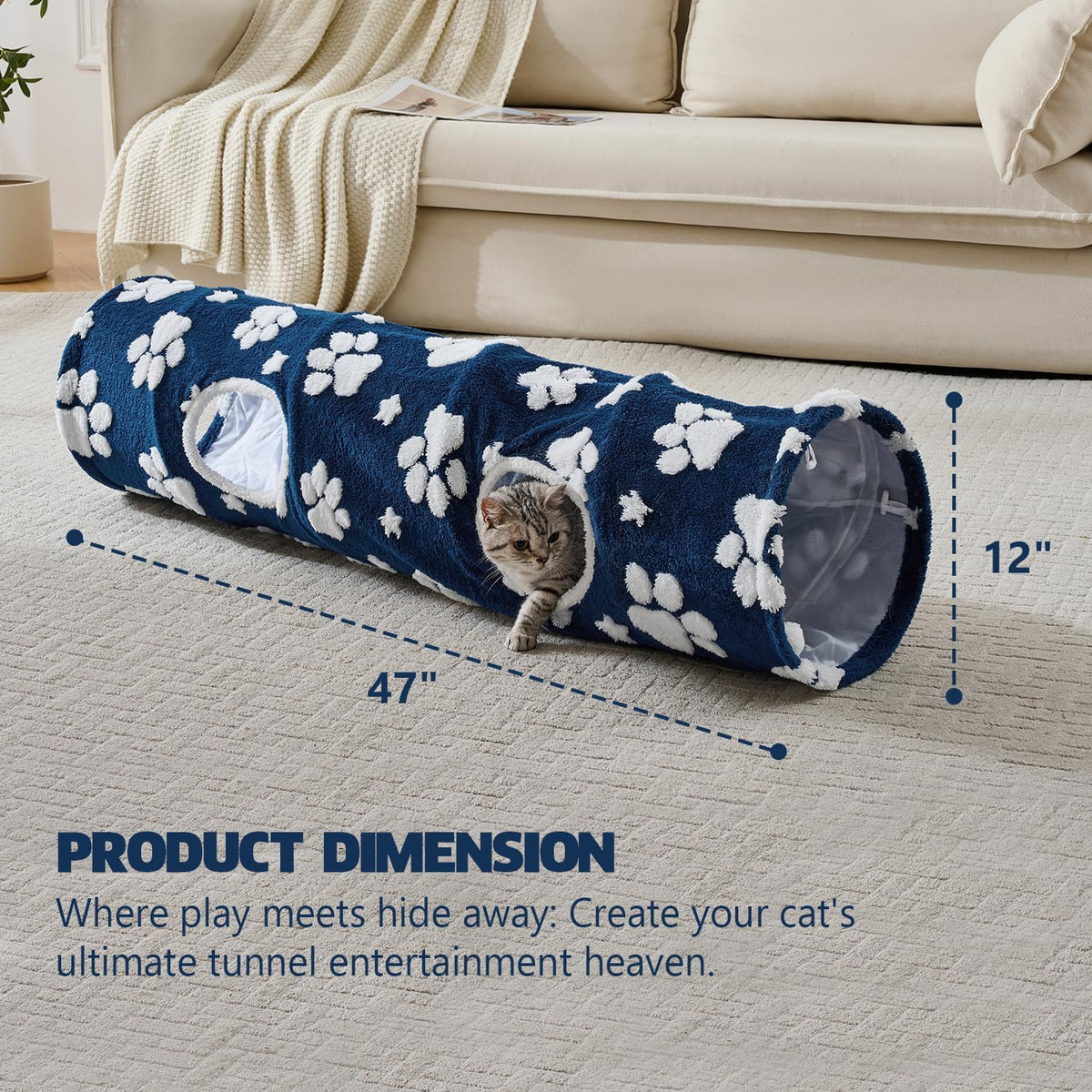 Straight Cat Tunnel for Indoor Cats 47"x12", Cute Cat Toys Collapsible Tunnel Tube with Balls for