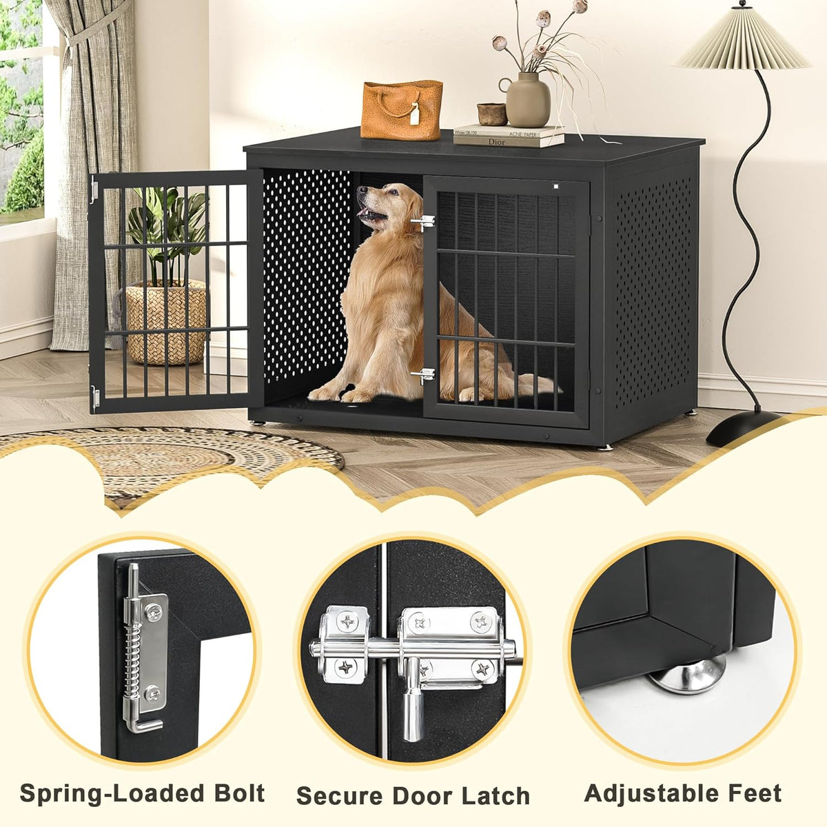 42" Heavy Duty Dog Crate Furniture for Large and Medium Dogs, Enclosed Design Wooden Metal Kennel