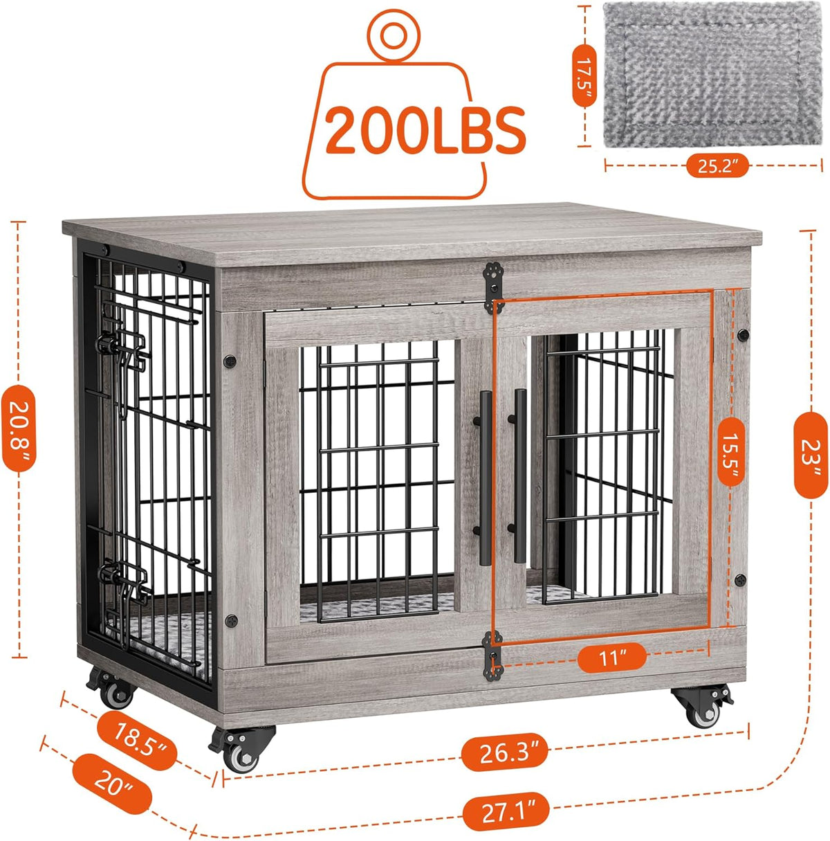 Lulive Small Dog Crate Furniture Set of 2, Dog Kennel Indoor Double Doors Wooden Dog Cage, 27''