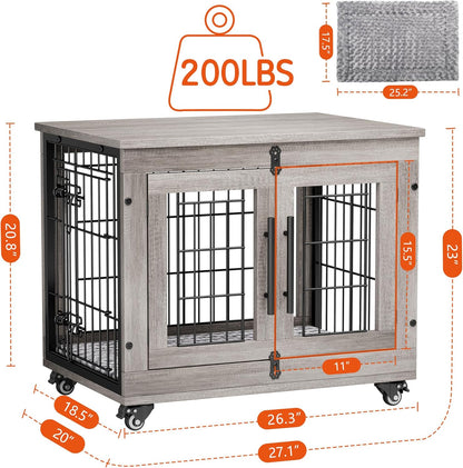 Lulive Small Dog Crate Furniture Set of 2, Dog Kennel Indoor Double Doors Wooden Dog Cage, 27''