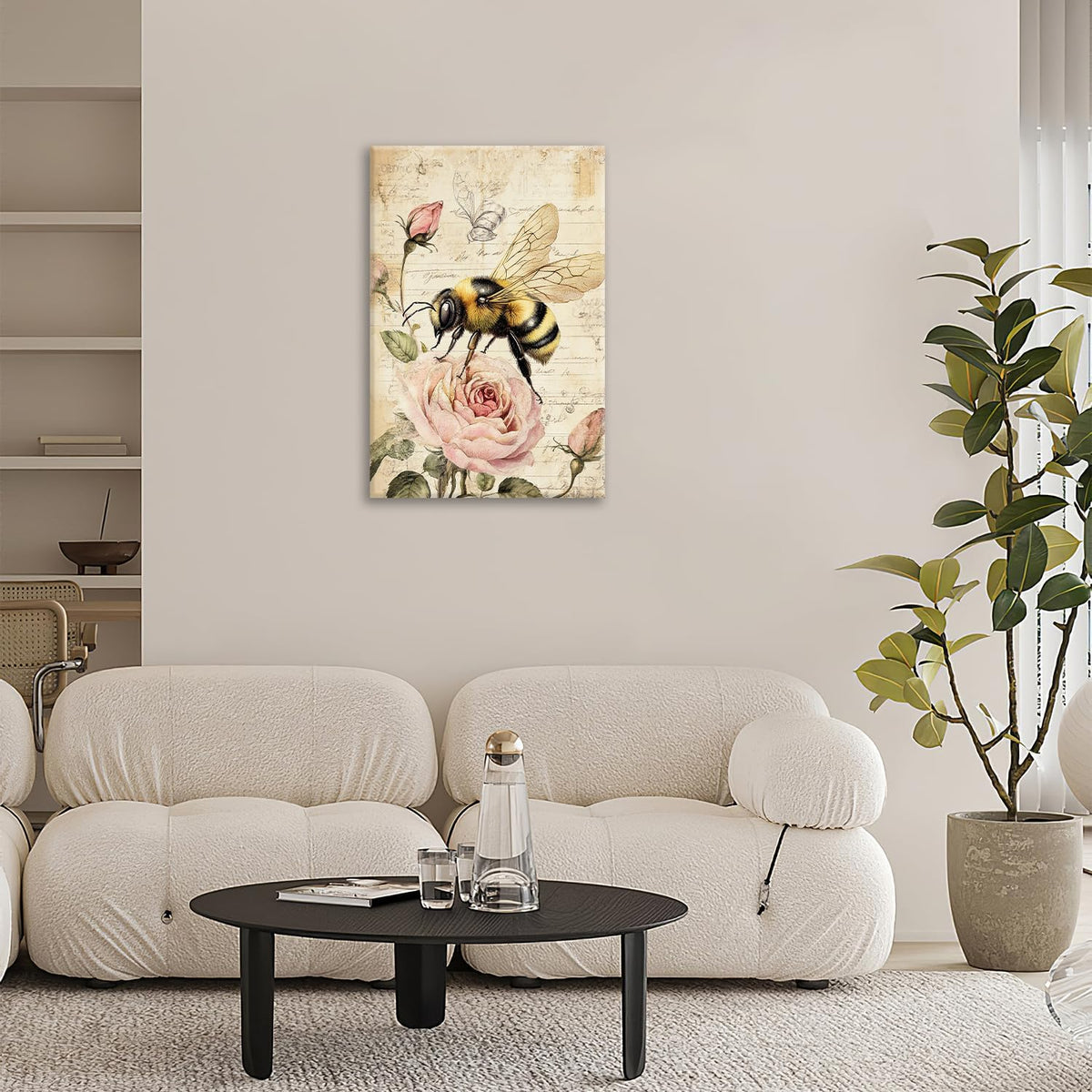 Rustic Bee Bathroom Pictures Wall Art, Vintage Floral Bathroom Wall Decor, Pink Rose Flower Framed