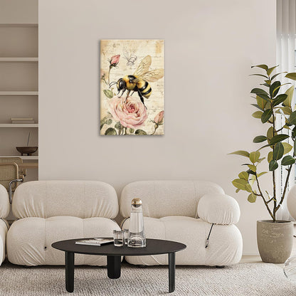 Rustic Bee Bathroom Pictures Wall Art, Vintage Floral Bathroom Wall Decor, Pink Rose Flower Framed