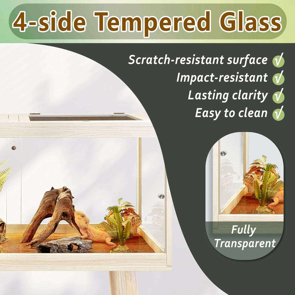 PROLEE Tempered Glass Reptile Enclosure with Leg,24“ Scratch-Proof Bearded Dragon Tank,28 Gallon