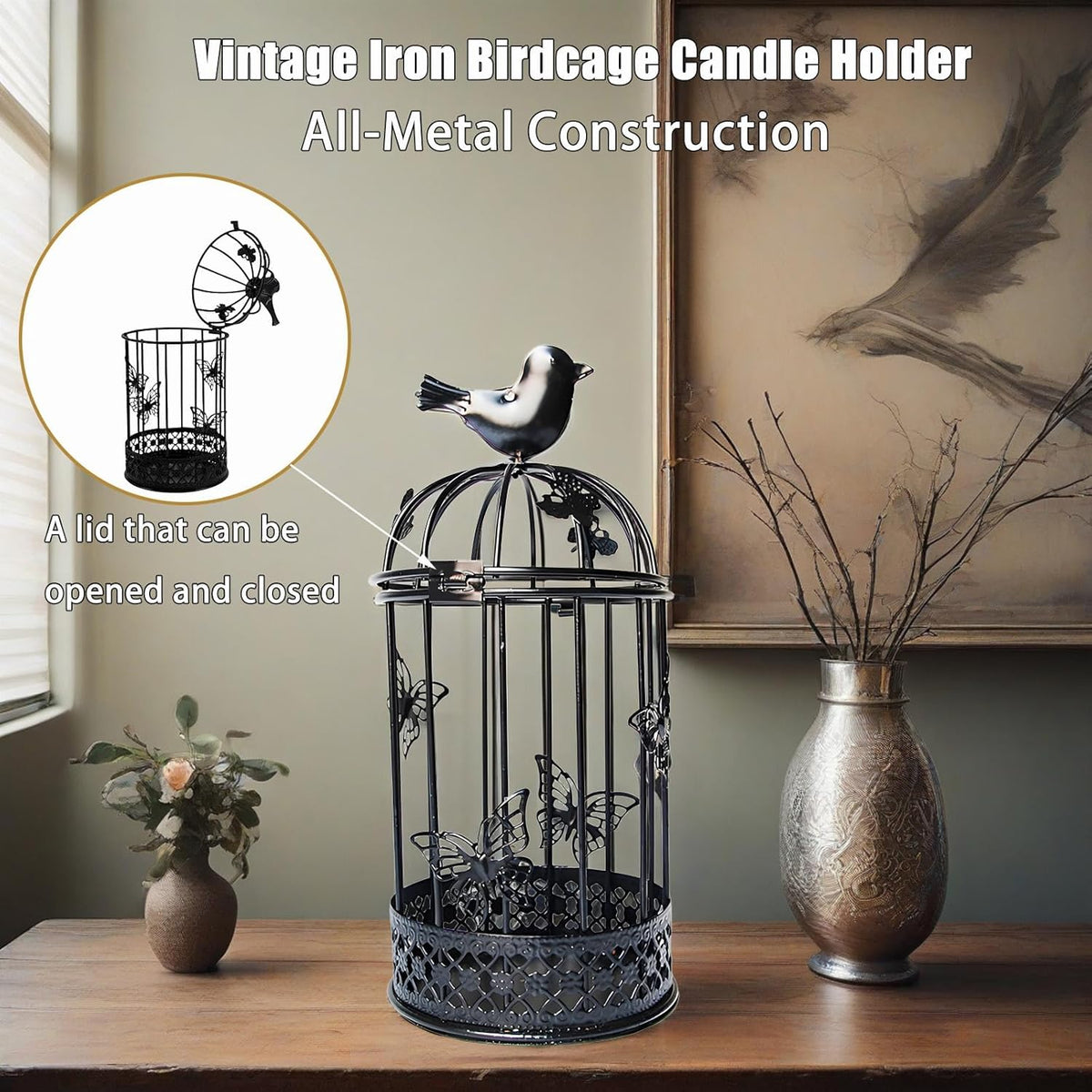 Vintage Decorative Bird Cage，Metal Black Bird Cage Decor for Candelabros para Centros De Mesa &