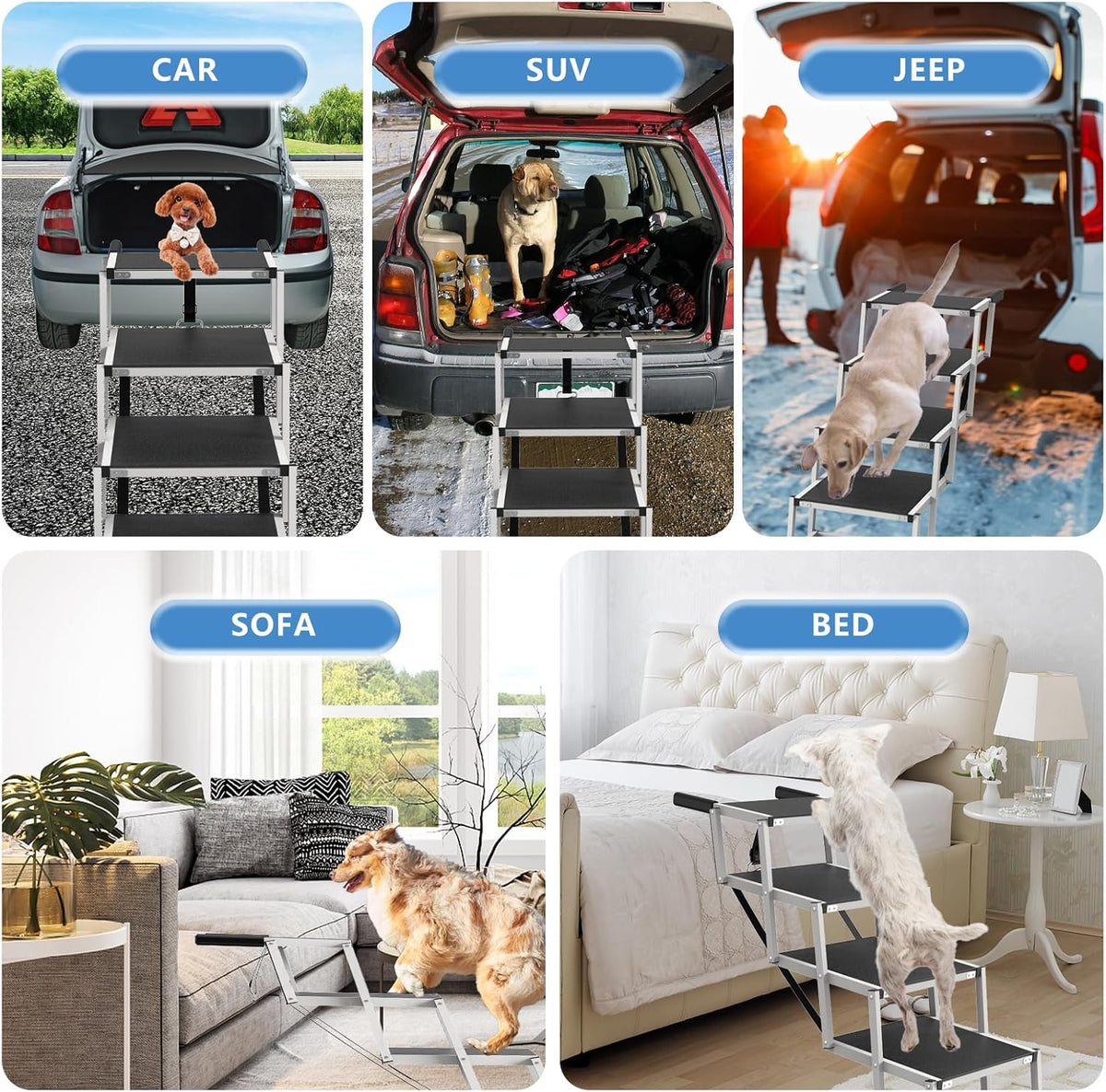 Dog Stairs for Large Dogs - 5 Step Foldable Dog Ramp for Car Non-Slip Surface Support up to 230lbs