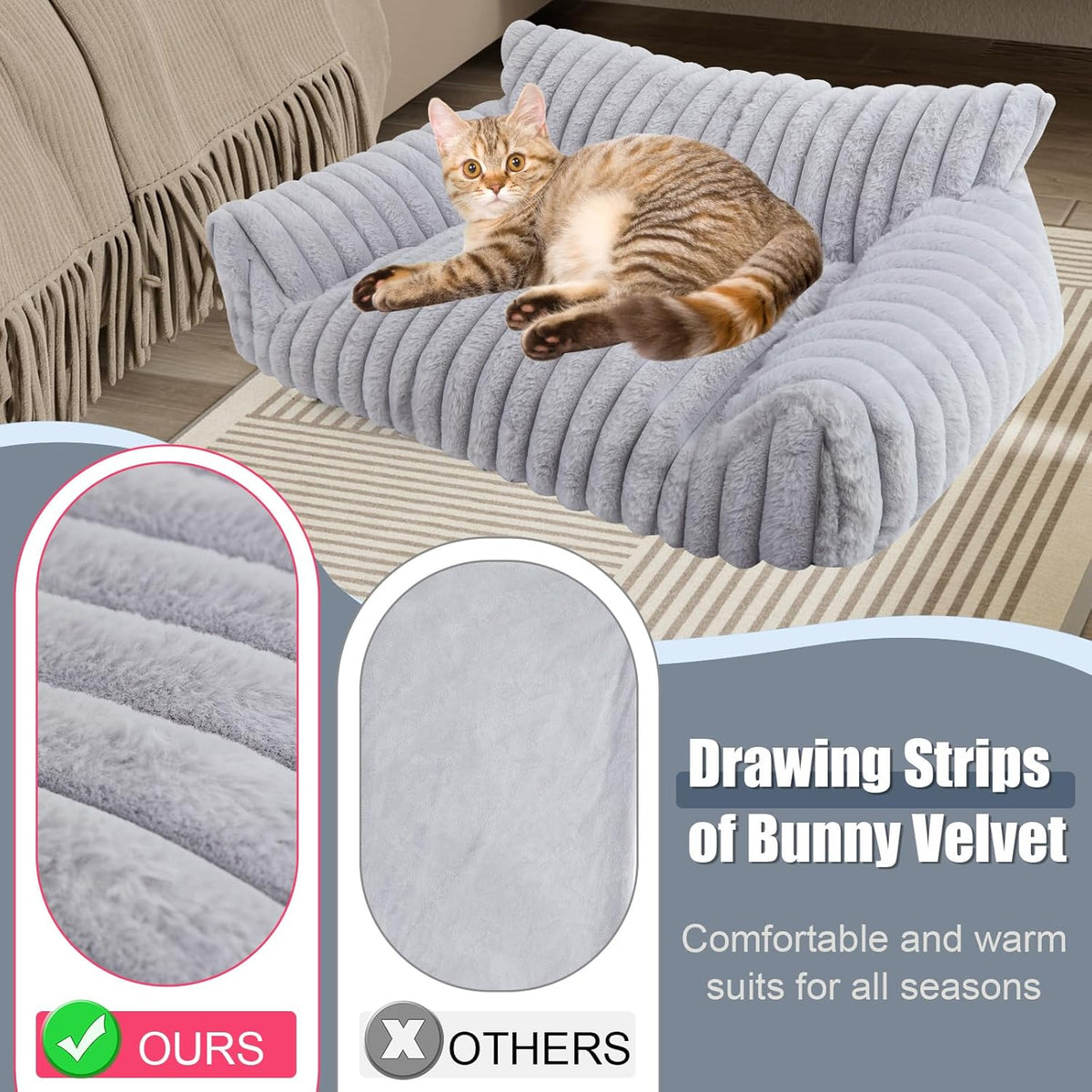 Cute Cat Couch Bed for Indoor Cats, Fluffy Pet Cat Sofa with Premium Soft Corduroy Fleece, Cute