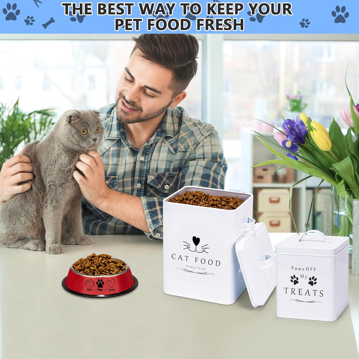 Meraki Home Farmhouse Cat Food and Treats Containers + Feed Scoop + Pet Food Bowl - Tight Lids