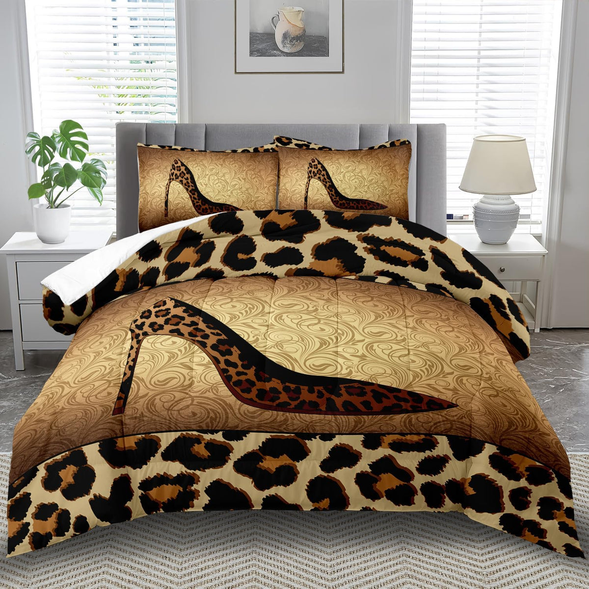 Leopard Comforter Set King Girls,Sexy High Heel Comforter for Women,Leopard Print Bedding Set King