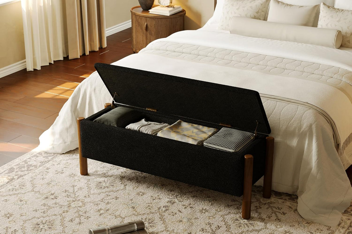 Modern Storage Benches with Walnut Wood Legs, 47'' Ottoman Bench with 20 Gallons Storage Space for