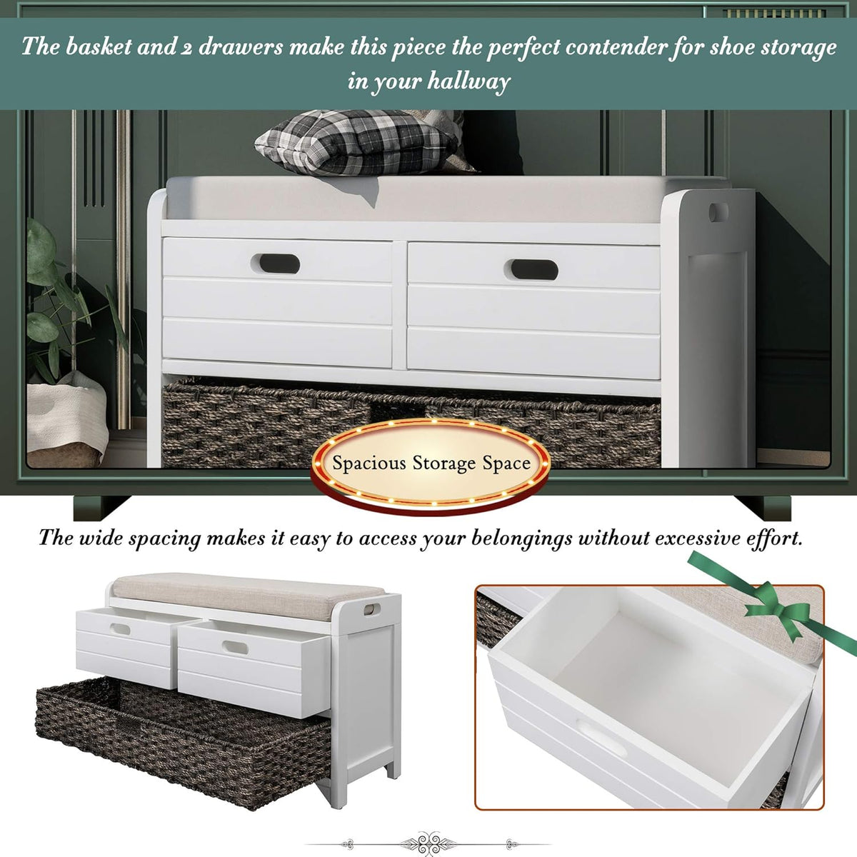 Storage Bench Removable Basket 2 Drawers Fully Assembled Acacia Wood Shoe Bench Standing Shoe Rack
