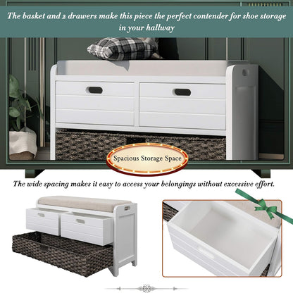 Storage Bench Removable Basket 2 Drawers Fully Assembled Acacia Wood Shoe Bench Standing Shoe Rack