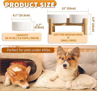 Elevated Ceramic Dog Bowl Set - Raised Dog Bowls with Non-Slip Bamboo Stand - Dog Food and Water