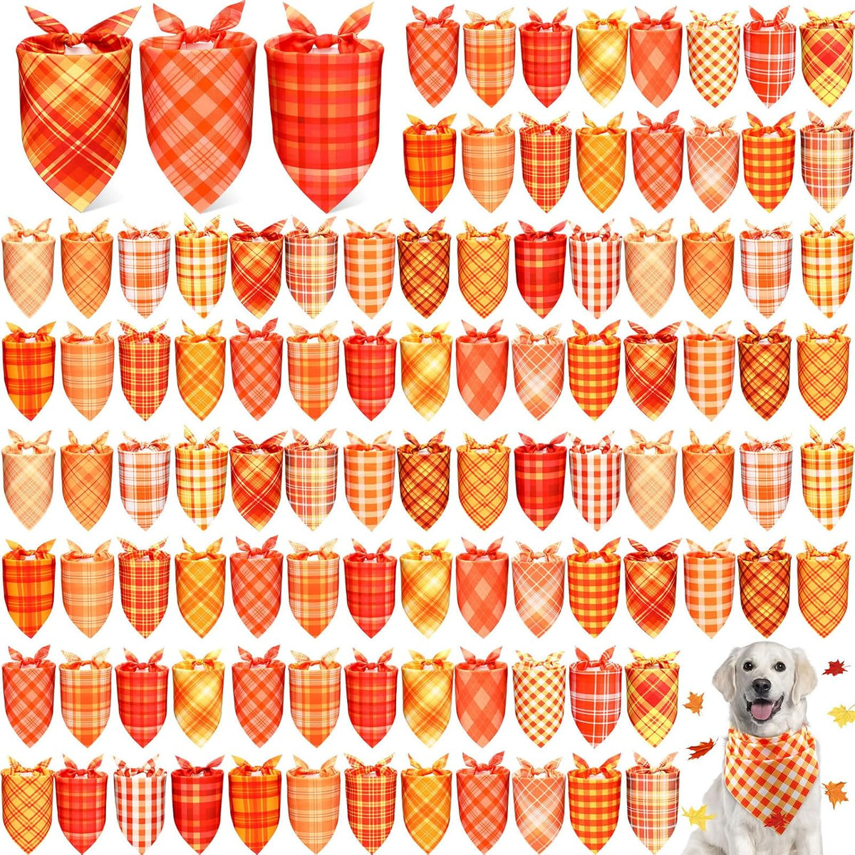 Abbylike 100 Pcs Fall Plaid Dog Bandanas Bulk Thanksgiving Bandanas for Dogs Triangle Kerchief Bib