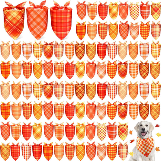 Abbylike 100 Pcs Fall Plaid Dog Bandanas Bulk Thanksgiving Bandanas for Dogs Triangle Kerchief Bib