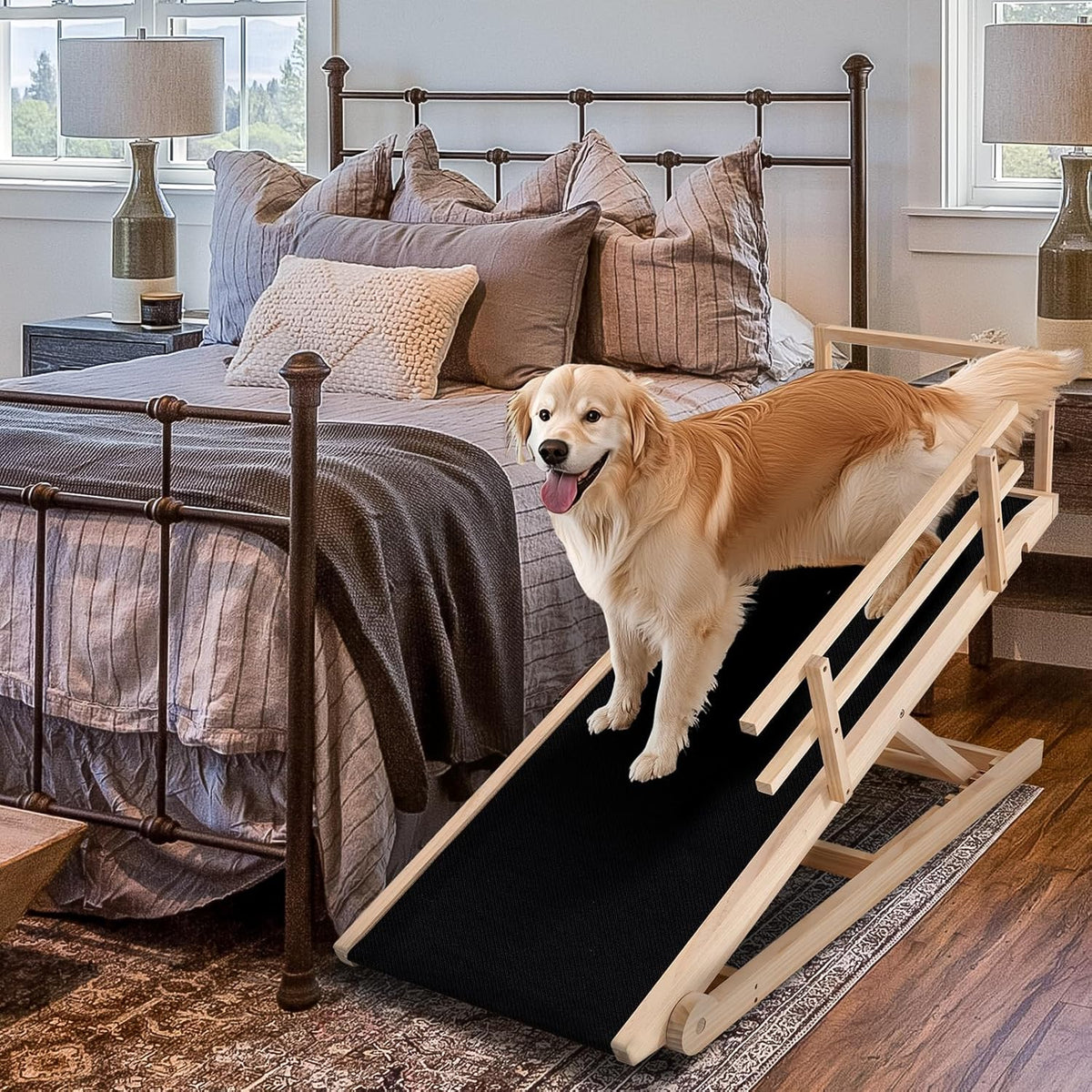 Dog Ramp, 5 Level Adjustable Height Folding Pet Ramp for High Bed, Portable Paw Ramps Large Bed