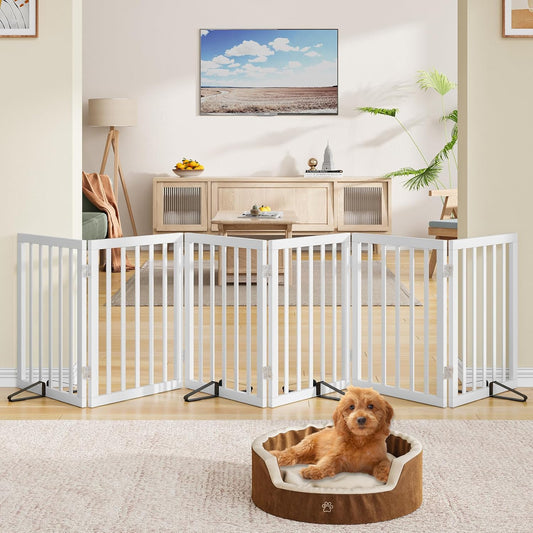 Wooden Dog Gate Freestanding Foldable 6 Panel Pet Gates Extra Wide Dog Gates for Indoor Doorways