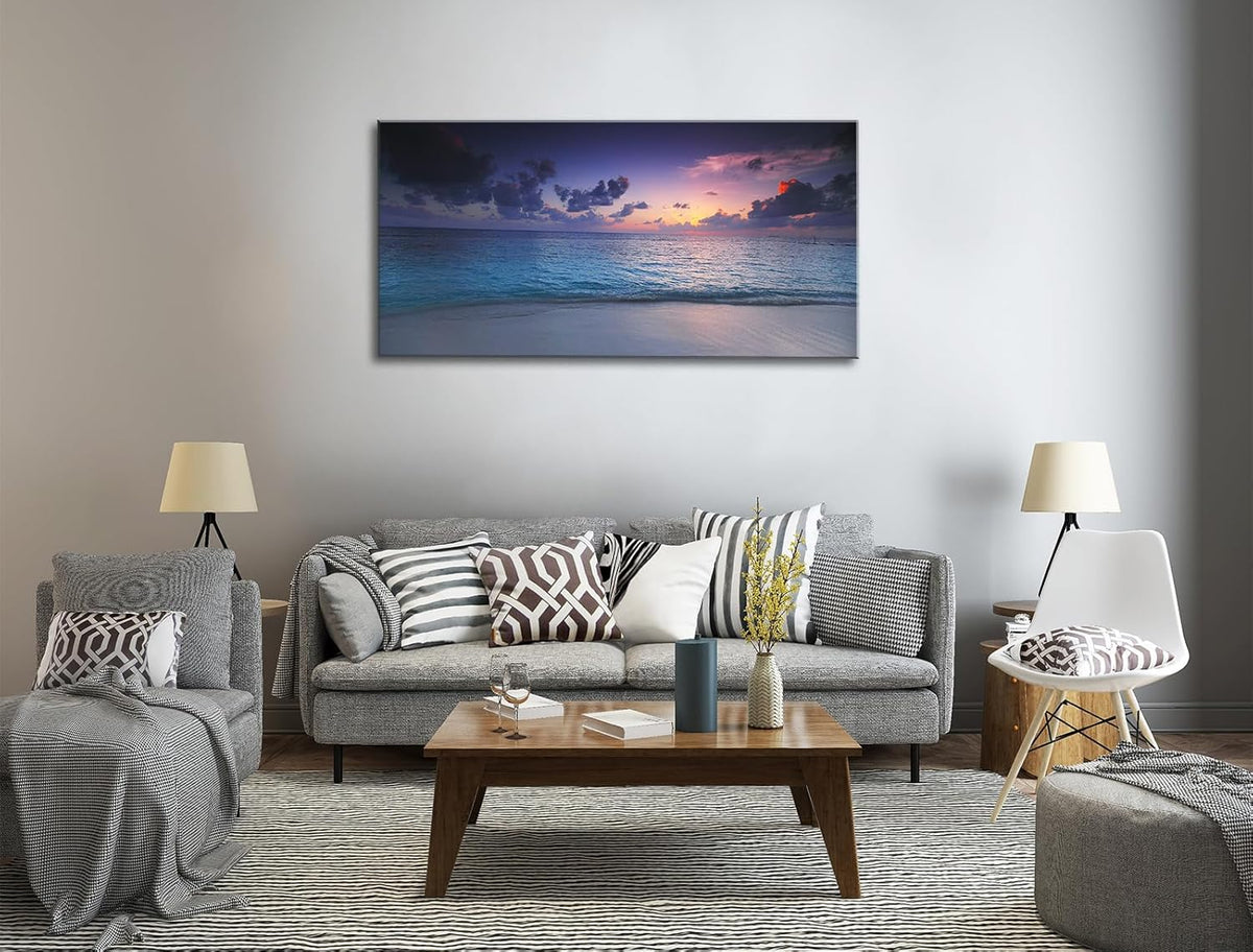 Blue Ocean Sunset Canvas Wall Art – Framed Seascape Painting, Coastal Landscape Nature Decor for