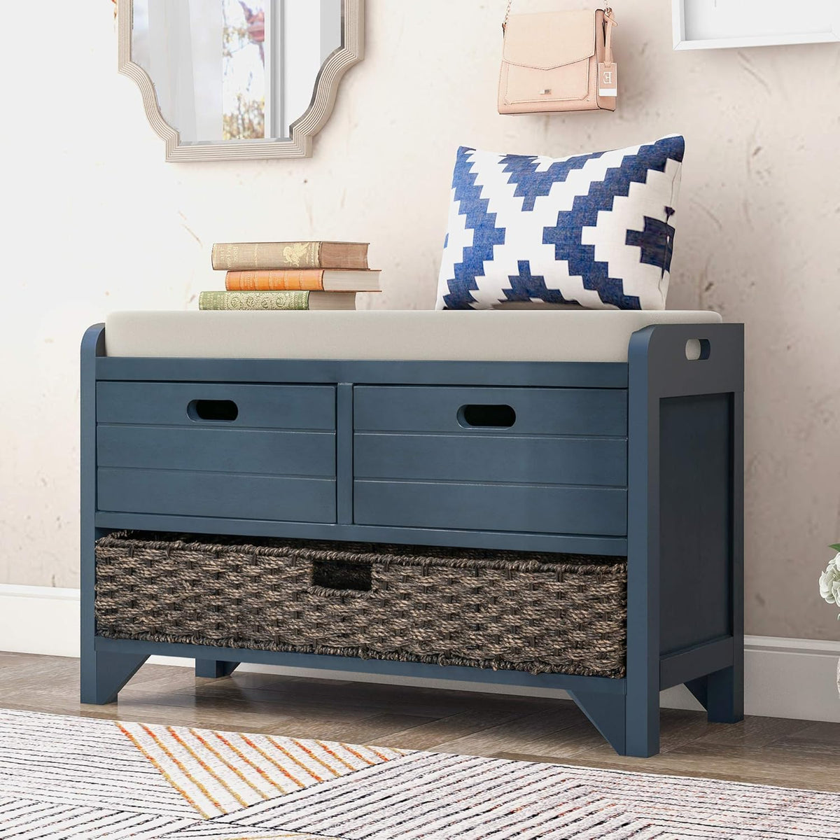 Storage Bench Removable Basket 2 Drawers Fully Assembled Acacia Wood Shoe Bench Standing Shoe Rack